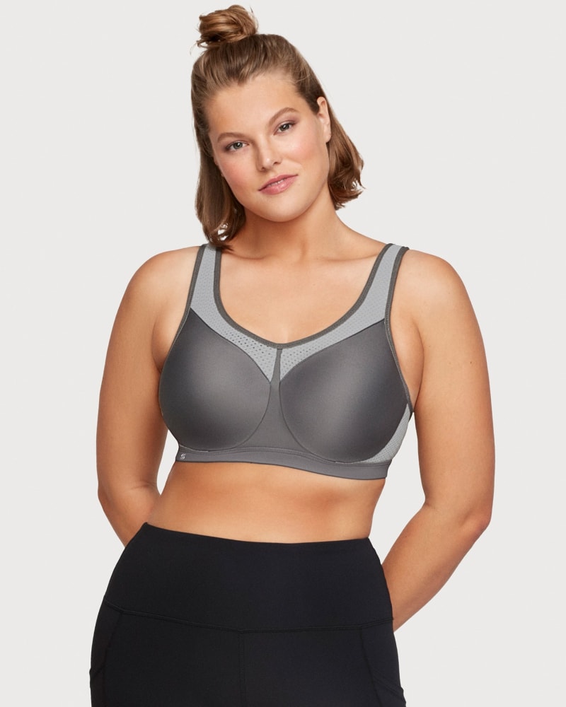 Front of a model wearing a size 46F High Impact Underwire Sports Bra in Gray by Glamorise Sport. | dia_product_style_image_id:260782